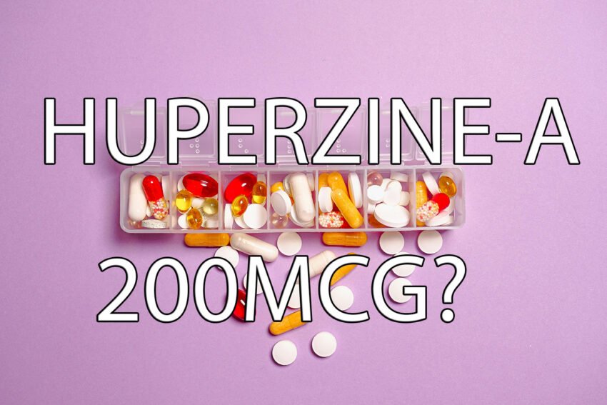 Huperzine-A 200mcg written over a case full of supplements over a pink background